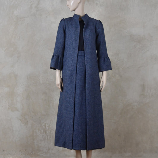 8 – Bell Sleeve A-Line Coat in Denim Blue Tweed