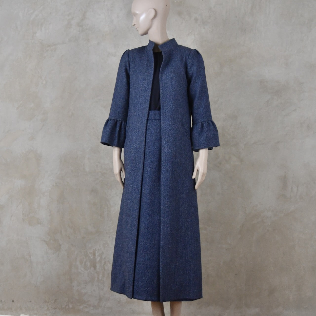 Bell Sleeve A-Line Coat in Denim Blue Tweed