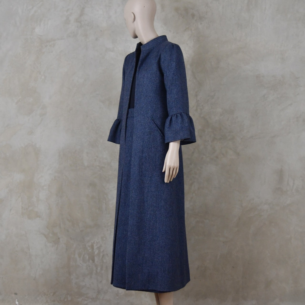 Bell Sleeve A-Line Coat in Denim Blue Tweed
