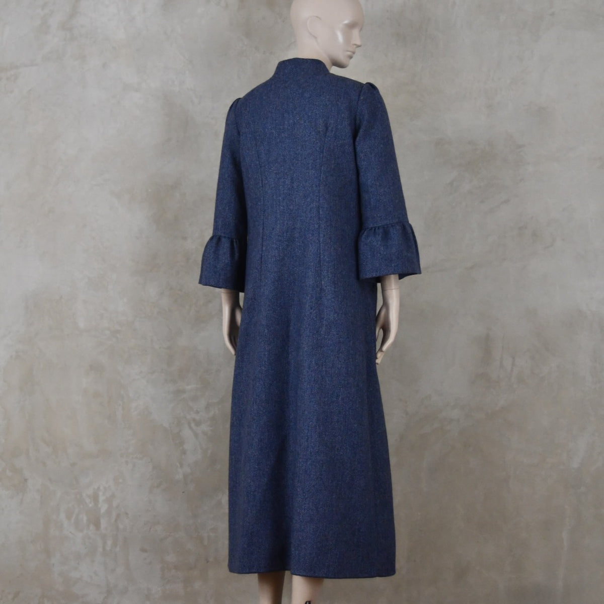 Bell Sleeve A-Line Coat in Denim Blue Tweed