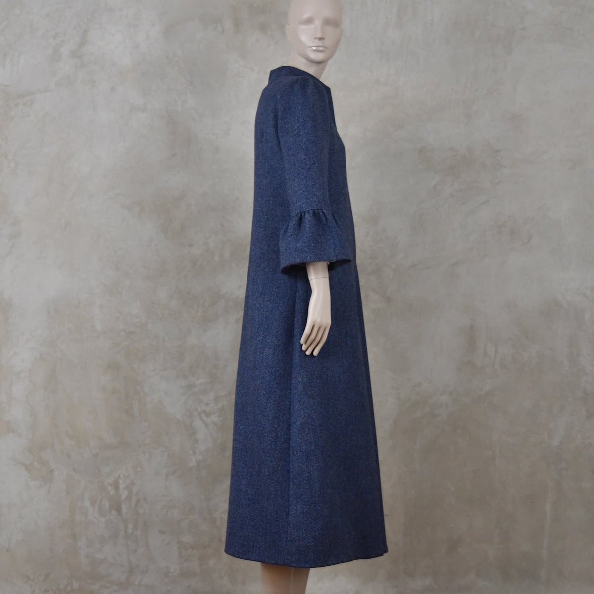 Bell Sleeve A-Line Coat in Denim Blue Tweed