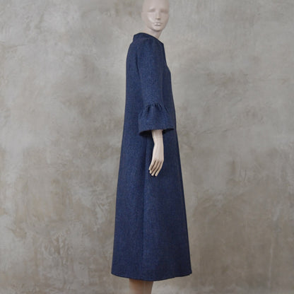Bell Sleeve A-Line Coat in Denim Blue Tweed