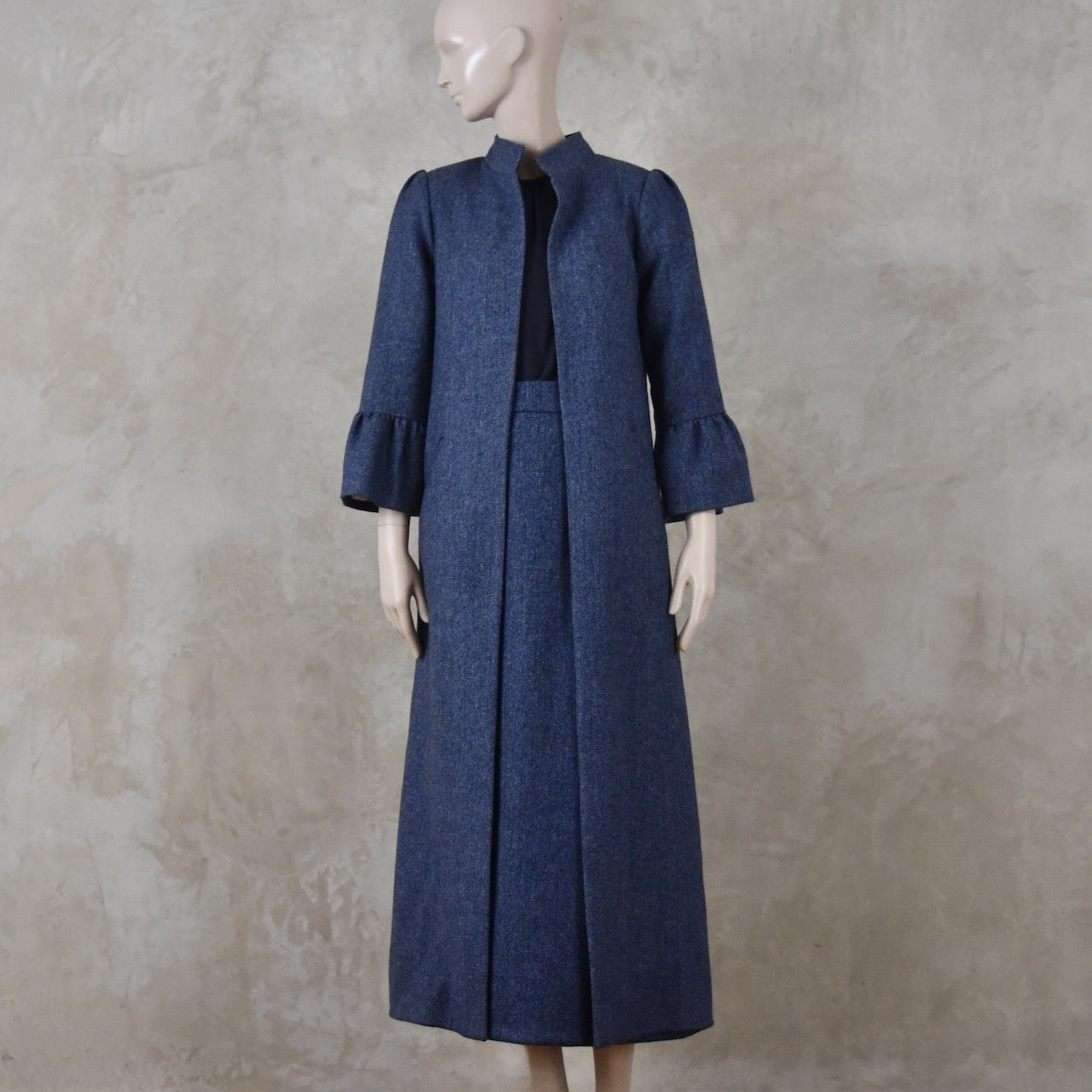 Bell Sleeve A-Line Coat in Denim Blue Tweed