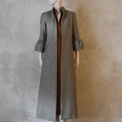 Bell Sleeve A-Line Coat in Moss Green Tweed
