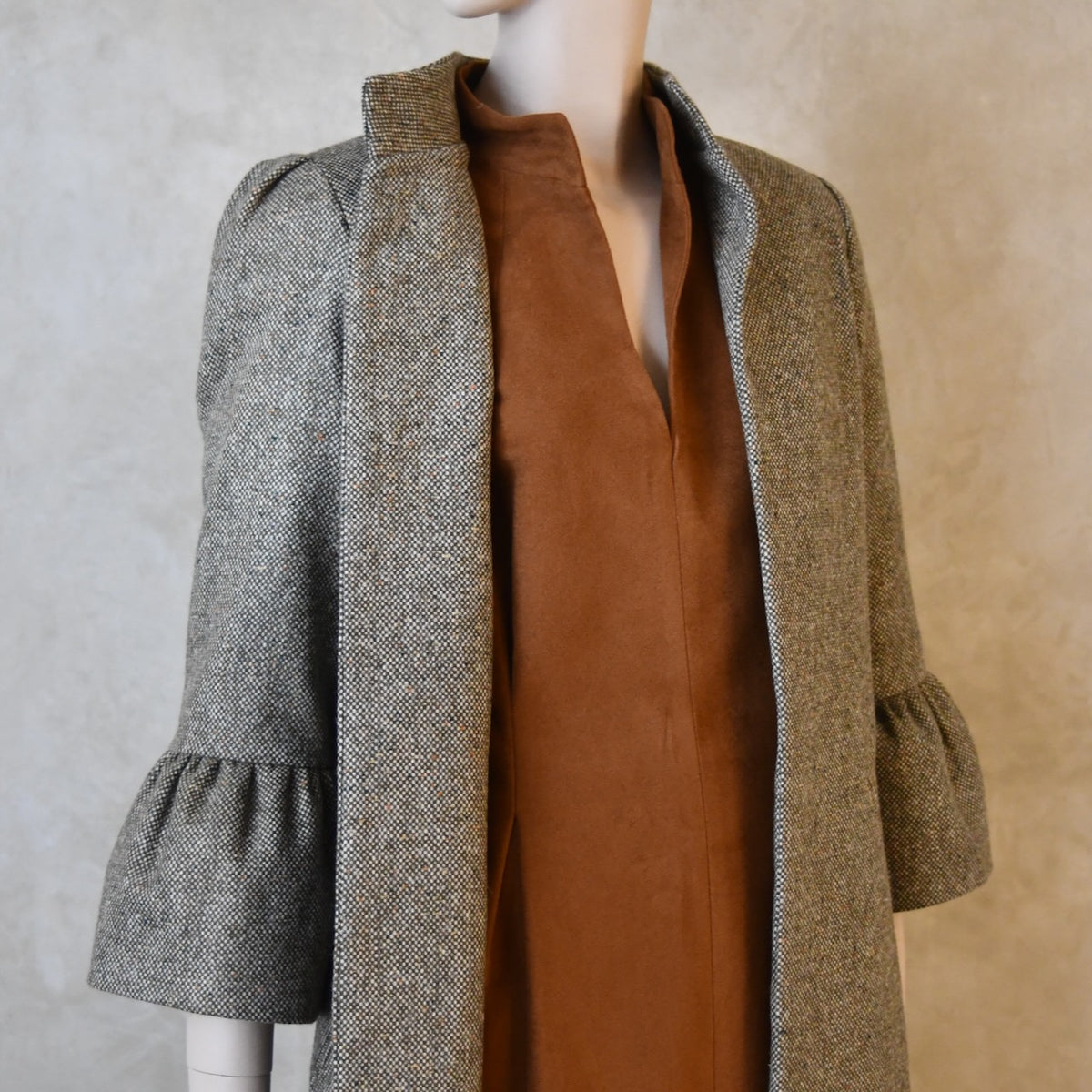 16 – Bell Sleeve A-Line Coat in Moss Green Tweed