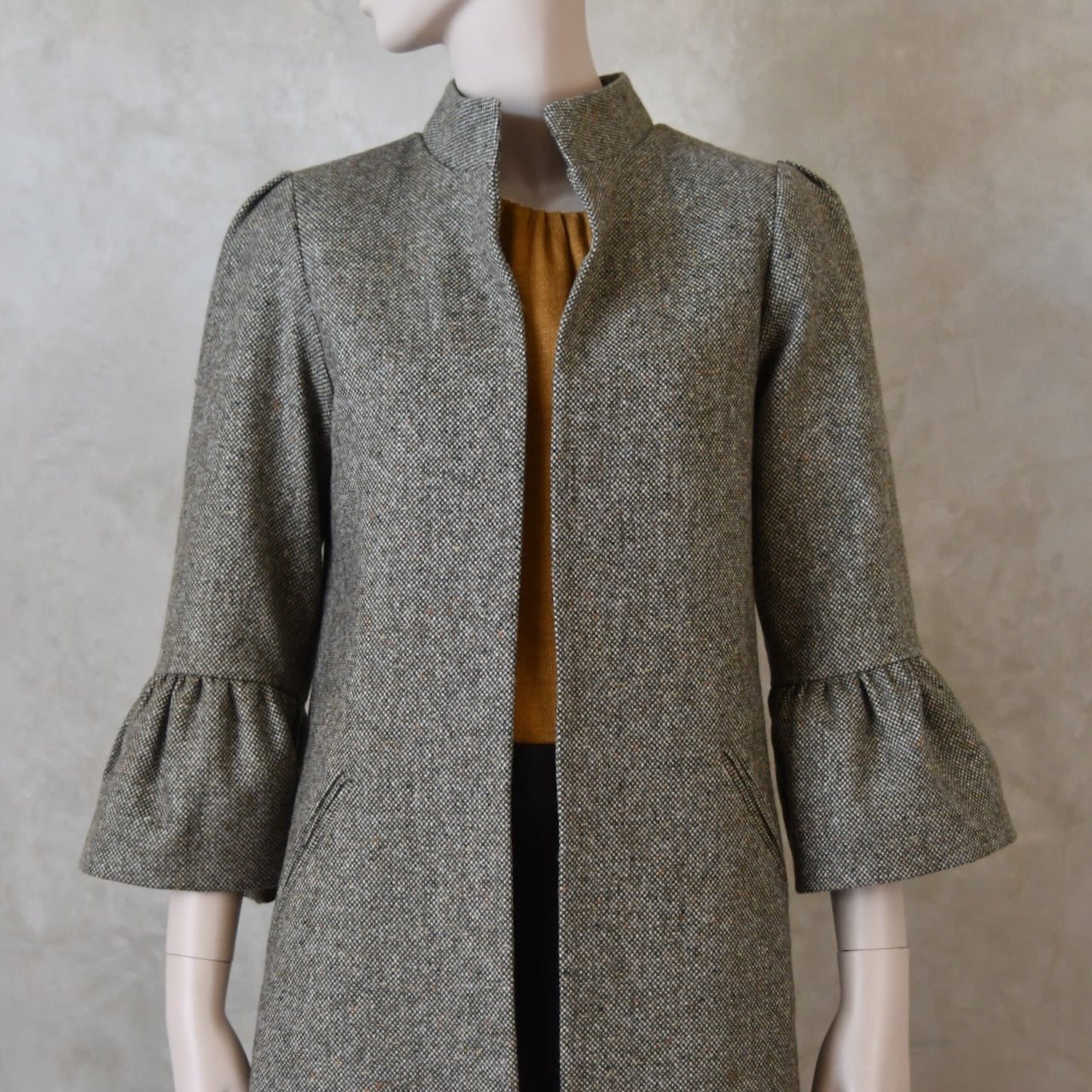 6 – Bell Sleeve A-Line Coat in Moss Green Tweed