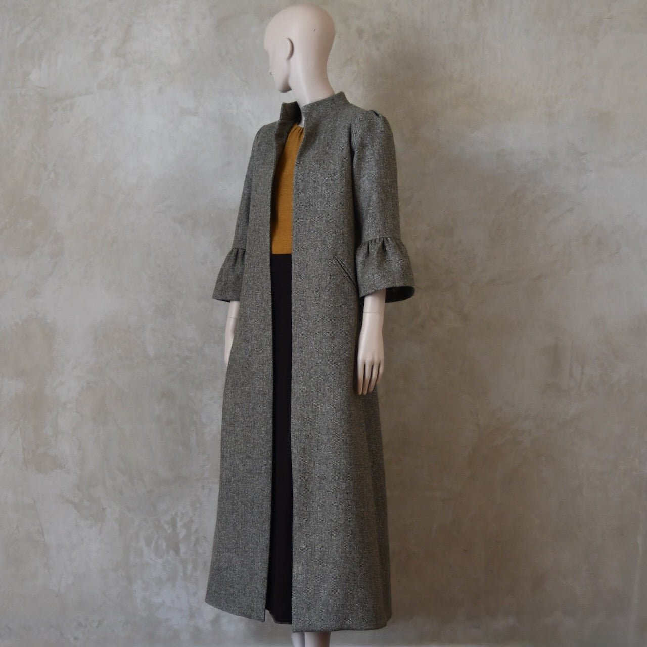 6 – Bell Sleeve A-Line Coat in Moss Green Tweed