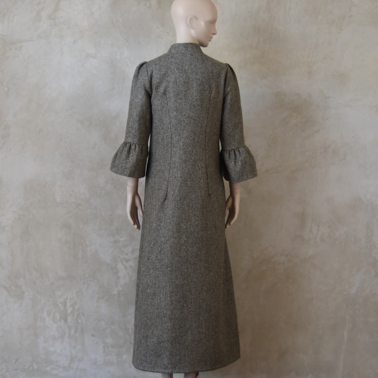 6 – Bell Sleeve A-Line Coat in Moss Green Tweed
