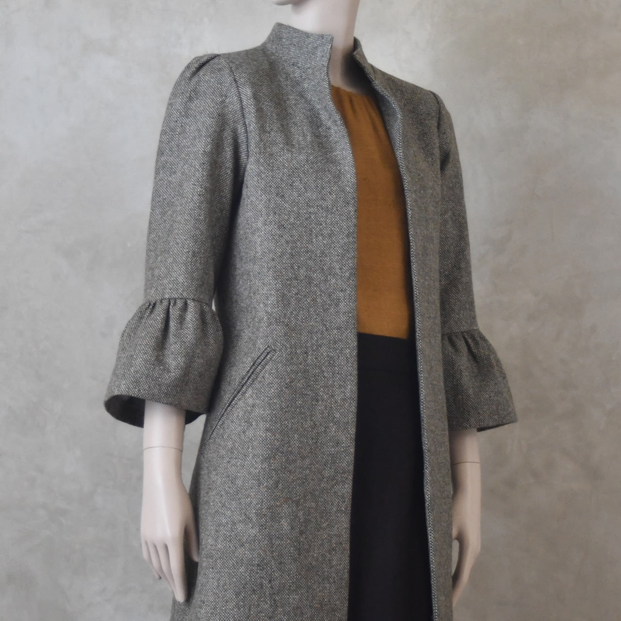 6 – Bell Sleeve A-Line Coat in Moss Green Tweed