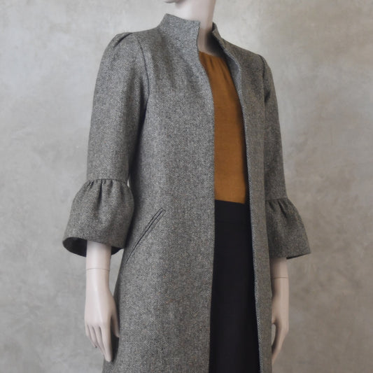 16 – Bell Sleeve A-Line Coat in Moss Green Tweed
