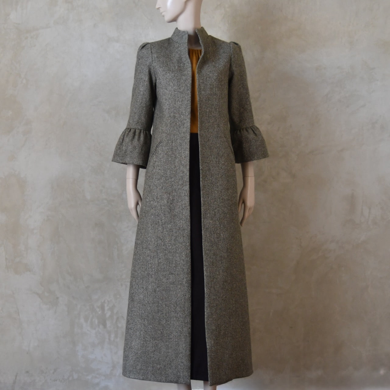 6 – Bell Sleeve A-Line Coat in Moss Green Tweed