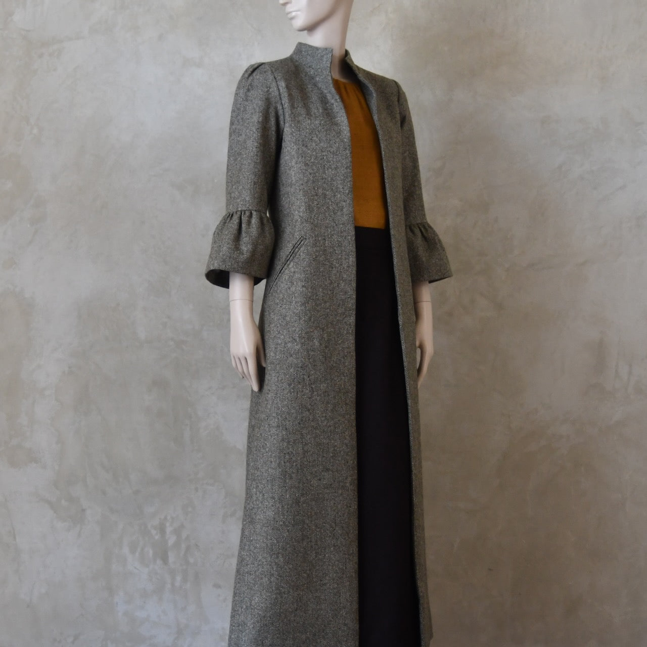 6 – Bell Sleeve A-Line Coat in Moss Green Tweed