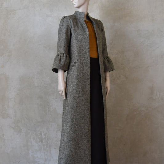 16 – Bell Sleeve A-Line Coat in Moss Green Tweed