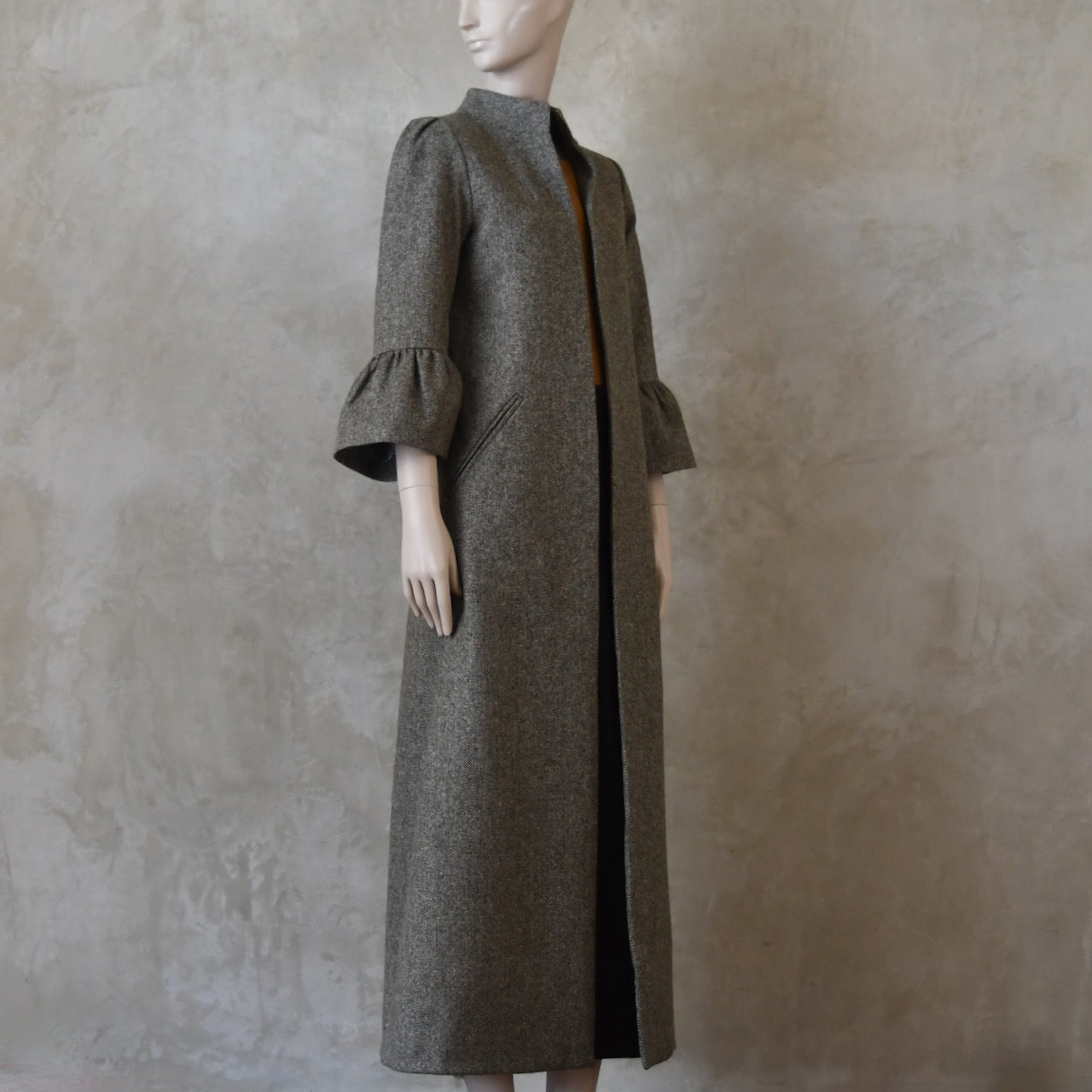 6 – Bell Sleeve A-Line Coat in Moss Green Tweed