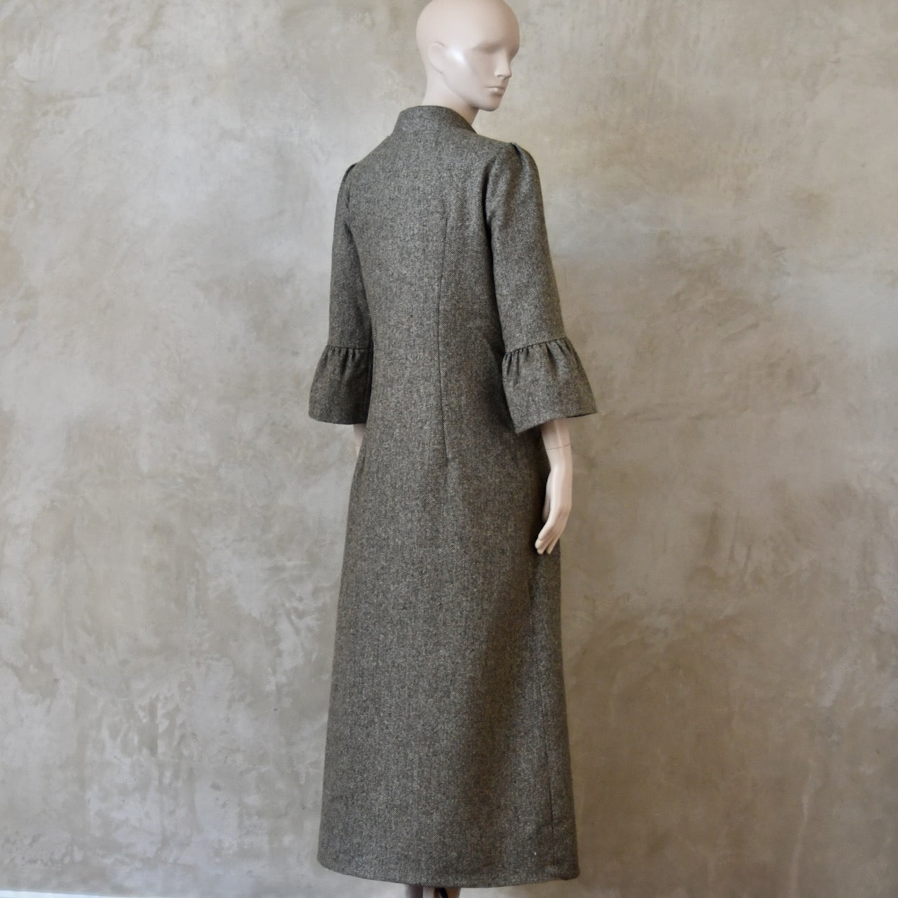 6 – Bell Sleeve A-Line Coat in Moss Green Tweed