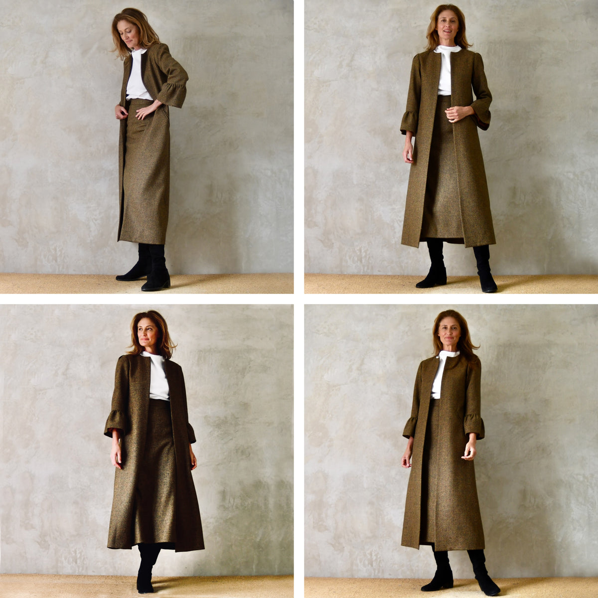 10 – Bell Sleeve A-Line Coat in Green and Orange Patterned Tweed
