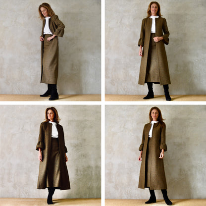 10 – Bell Sleeve A-Line Coat in Green and Orange Patterned Tweed