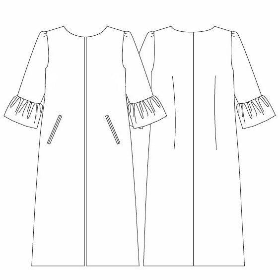 Bell Sleeve A-Line Coat features an A-line, knee-length silhouette, round neckline, bell-shaped ruffled cuffs, front slant pockets, center front opening, and simple paneled back. Pattern Detail and Size Chart.