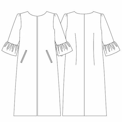 Bell Sleeve A-Line Coat features an A-line, knee-length silhouette, round neckline, bell-shaped ruffled cuffs, front slant pockets, center front opening, and simple paneled back. Pattern Detail and Size Chart.