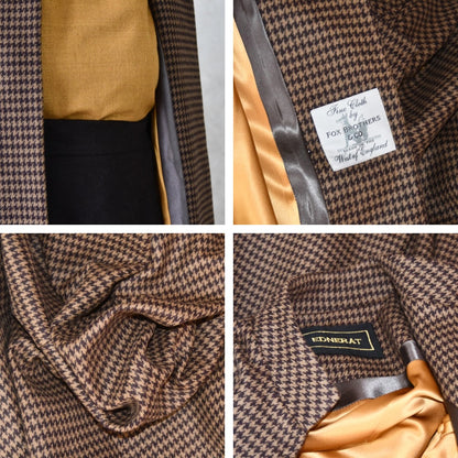 Fabric detail grid showing Bespoke Houndstooth patterned Merino Flannel Coat by EdNerat. Handmade in London, this A-Line longer length coat has gathered details at the shoulders, bell sleeves and is lined in pure silk. Woven in Somerset  by Fox Brothers and Handmade in London. 