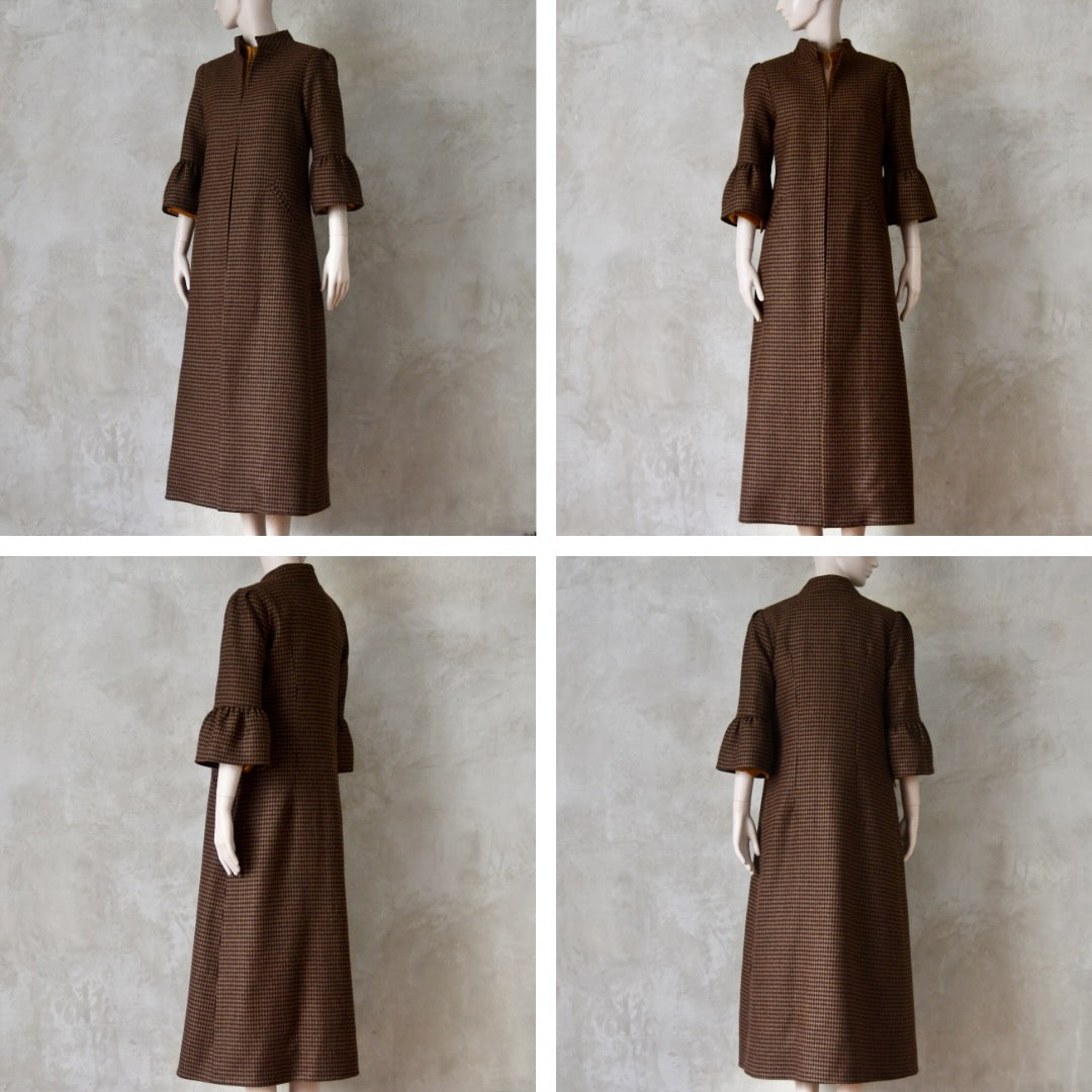Grid showing different angles of the Bespoke Merino Flannel Coat by EdNerat. Handmade in London, this A-Line longer length coat has gathered details at the shoulders, bell sleeves and is lined in pure silk. Woven in Somerset  by Fox Brothers and Handmade in London. 