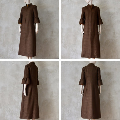 Grid showing different angles of the Bespoke Merino Flannel Coat by EdNerat. Handmade in London, this A-Line longer length coat has gathered details at the shoulders, bell sleeves and is lined in pure silk. Woven in Somerset  by Fox Brothers and Handmade in London. 