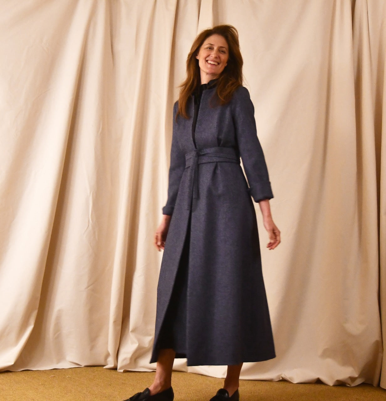Skirted Hourglass Coat in Denim Blue Tweed