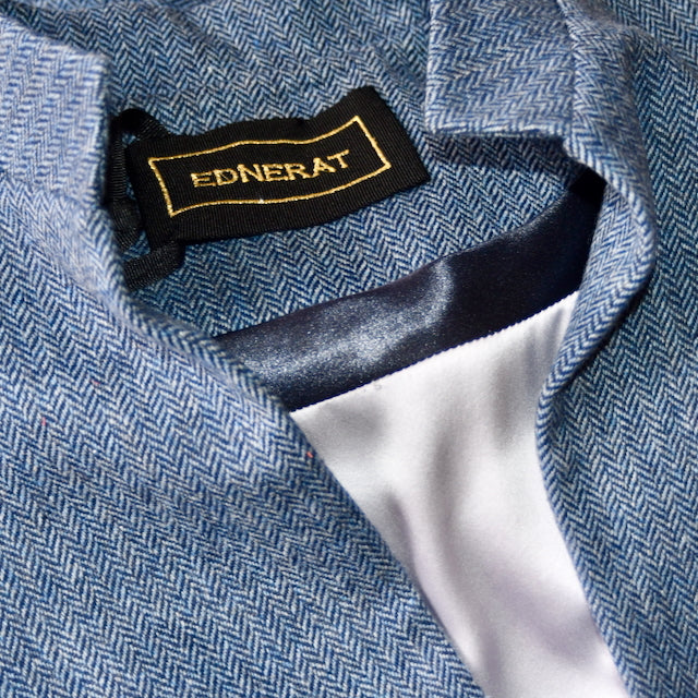 The Delany Coat in Denim Blue Lambswool Herringbone Tweed