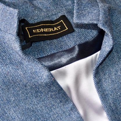 The Delany Coat in Denim Blue Lambswool Herringbone Tweed