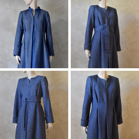 Grid showing the Belted and Unbelted options for EdNerat's Denim Blue coloured Tweed Waisted Hourglass Coat.