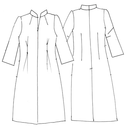 Bespoke Waisted Linen Dress with  Nehru Collar and V-Neck Front, Darted pleats to the front and three Quarter Length Sleeves.
Pure Irish Linen.
Handmade in London
Entirely Made in the British Isles.
