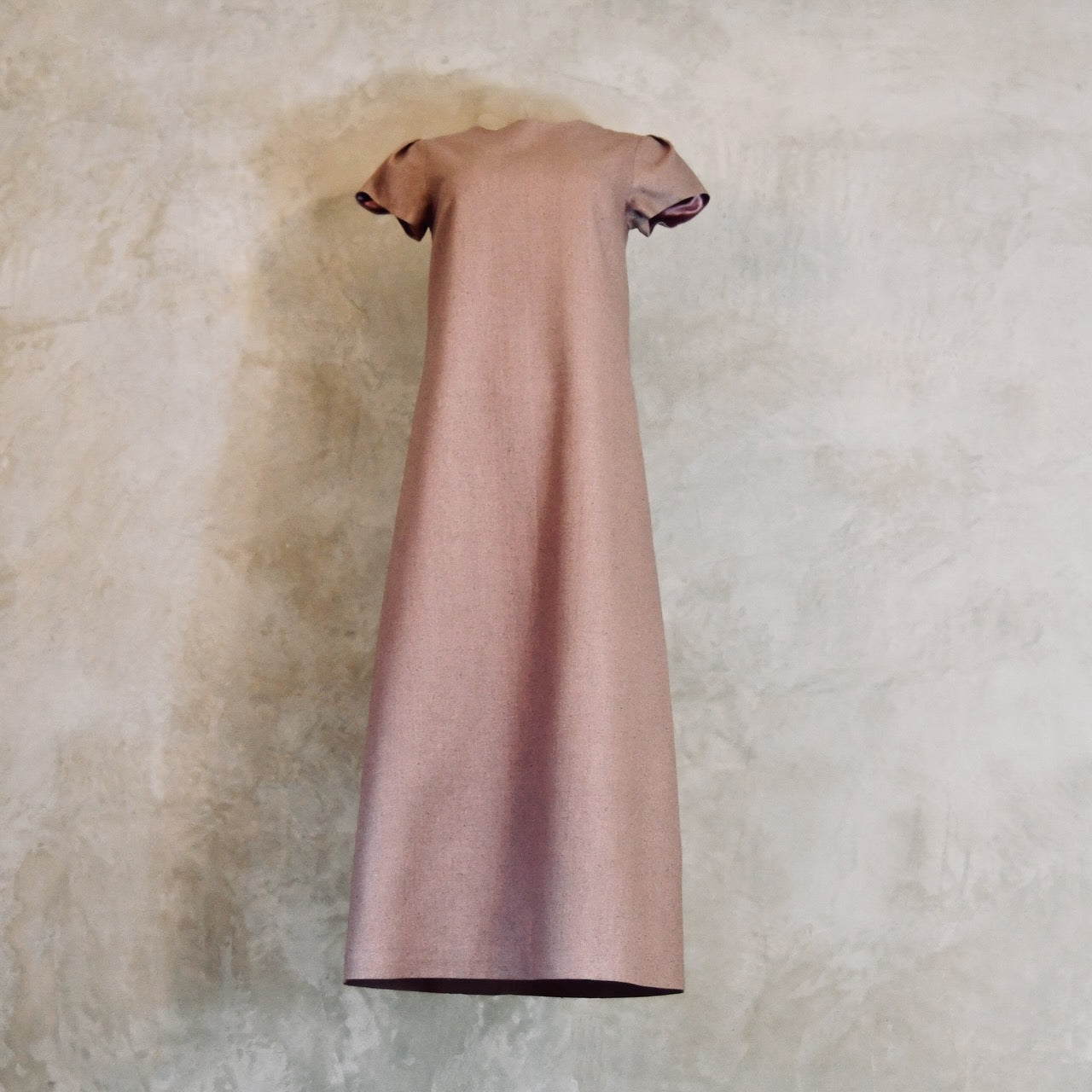 An A-Line Cap Sleeve Dress in muted pink Silk Matka. Handmade in Britain.