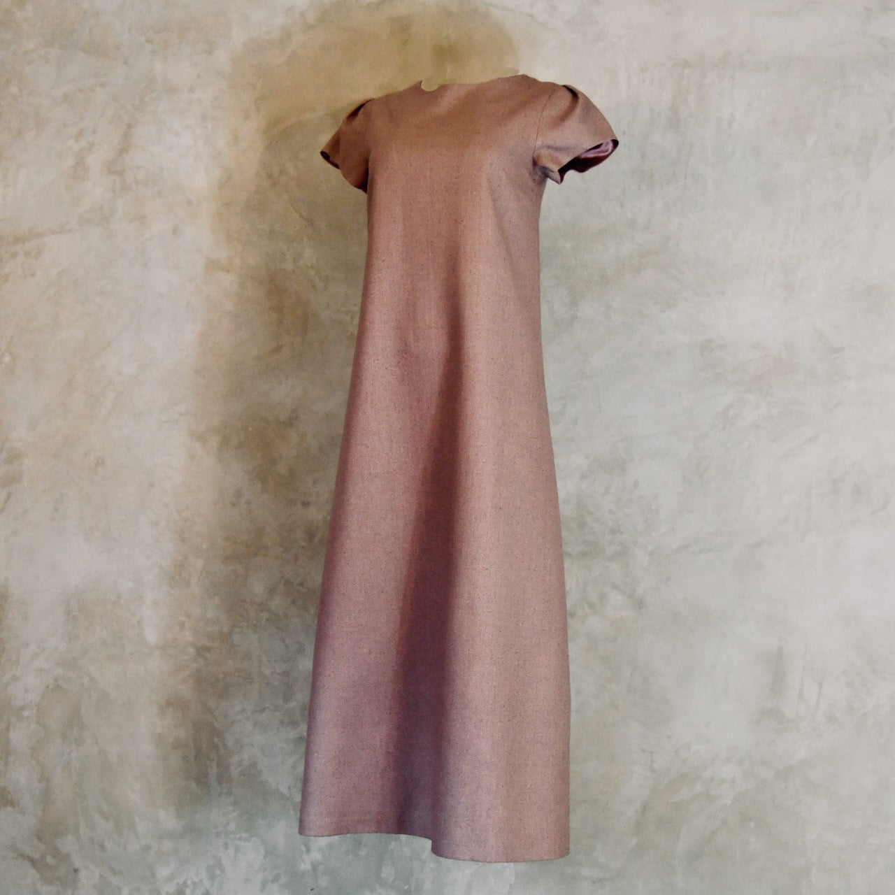 An A-Line Cap Sleeve Dress in muted pink Silk Matka. Handmade in Britain.