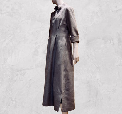 Bespoke Waisted Linen Dress with  Nehru Collar and V-Neck Front, Darted pleats to the front and three Quarter Length Sleeves.
Pure Irish Linen.
Handmade in London
Entirely Made in the British Isles.
