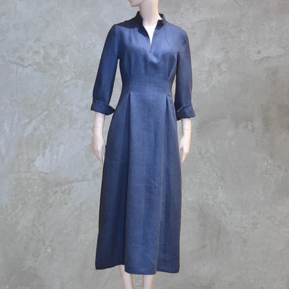 Bespoke Waisted Linen Dress with  Nehru Collar and V-Neck Front, Darted pleats to the front and three Quarter Length Sleeves.
Pure Irish Linen.
Handmade in London
Entirely Made in the British Isles.
