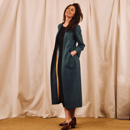 EdNerat Silk Matka A-Line Coat in emerald green. Handmade in Britain. 