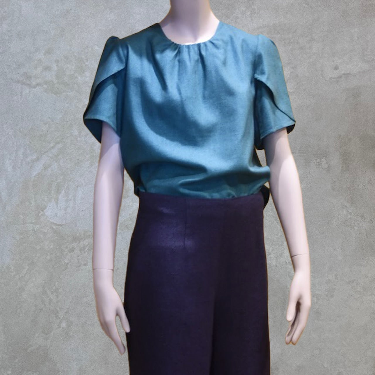 Emerald Green  Tulip Sleeve Silk Summer Top. Front View