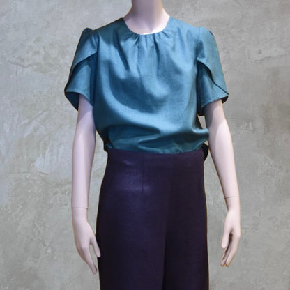 Emerald Green  Tulip Sleeve Silk Summer Top. Front View