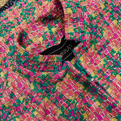 The Clayton Cape in Multicoloured Linton Tweeds Bouclé. A shorter length, easy to wear cape for dressing up or down, mid-season and summer wear. Handmade in Britain. Fabric Close up showcasing British Craftsmanship.
