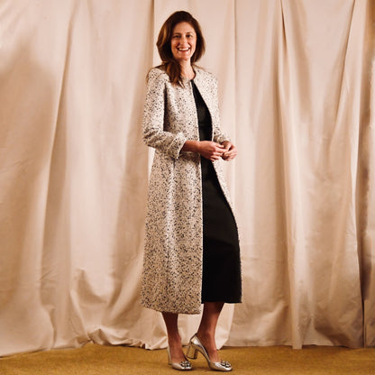 The Fitted Hourglass Coat in Camel, Black and White Flag Textured Bouclé from Linton Tweeds. A Fitted Summer Bouclé Coat investment piece, for Royal Ascot and Summer Occasions. Handmade in Britain.