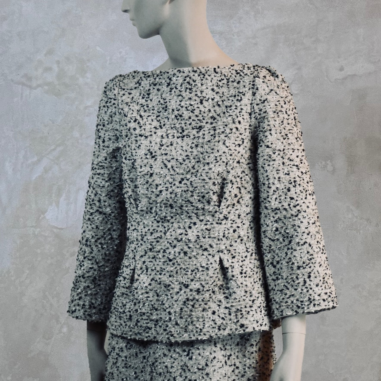 A tailored skirt suit in a light coloured Linton Tweeds bouclé – perfect for Royal Ascot and other formal occasions in spring and summer. Handmade in Britain. Boat Neck Top