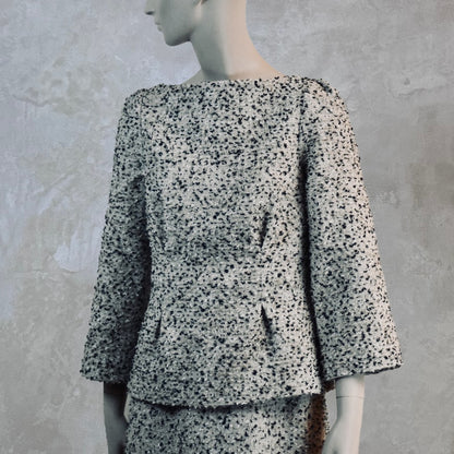 A tailored skirt suit in a light coloured Linton Tweeds bouclé – perfect for Royal Ascot and other formal occasions in spring and summer. Handmade in Britain. Boat Neck Top