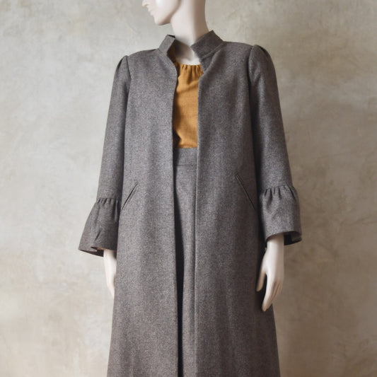 Bell Sleeve A-Line Coat in Fawn Herringbone Merino Flannel