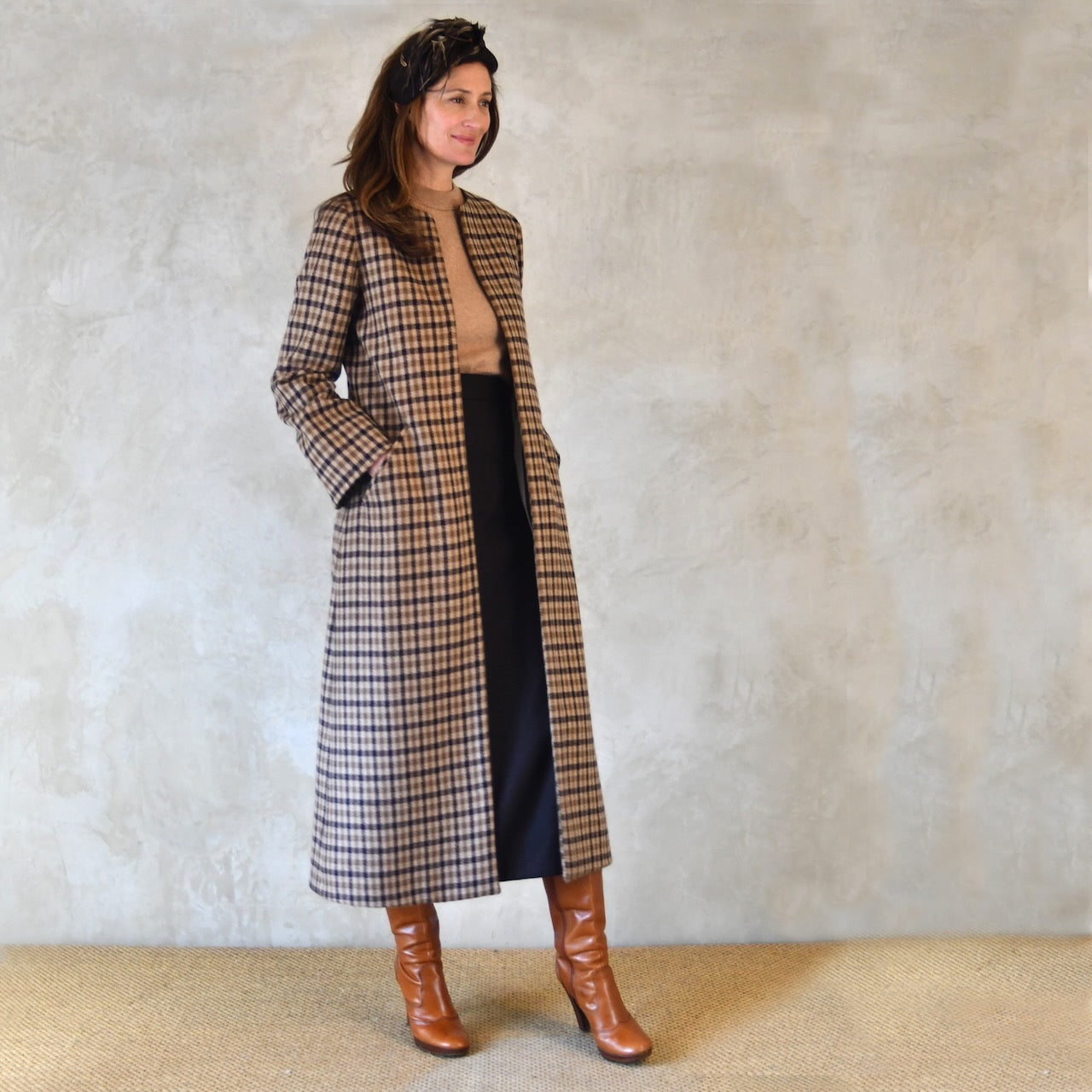Long Merino Wool Brown Check Coat
