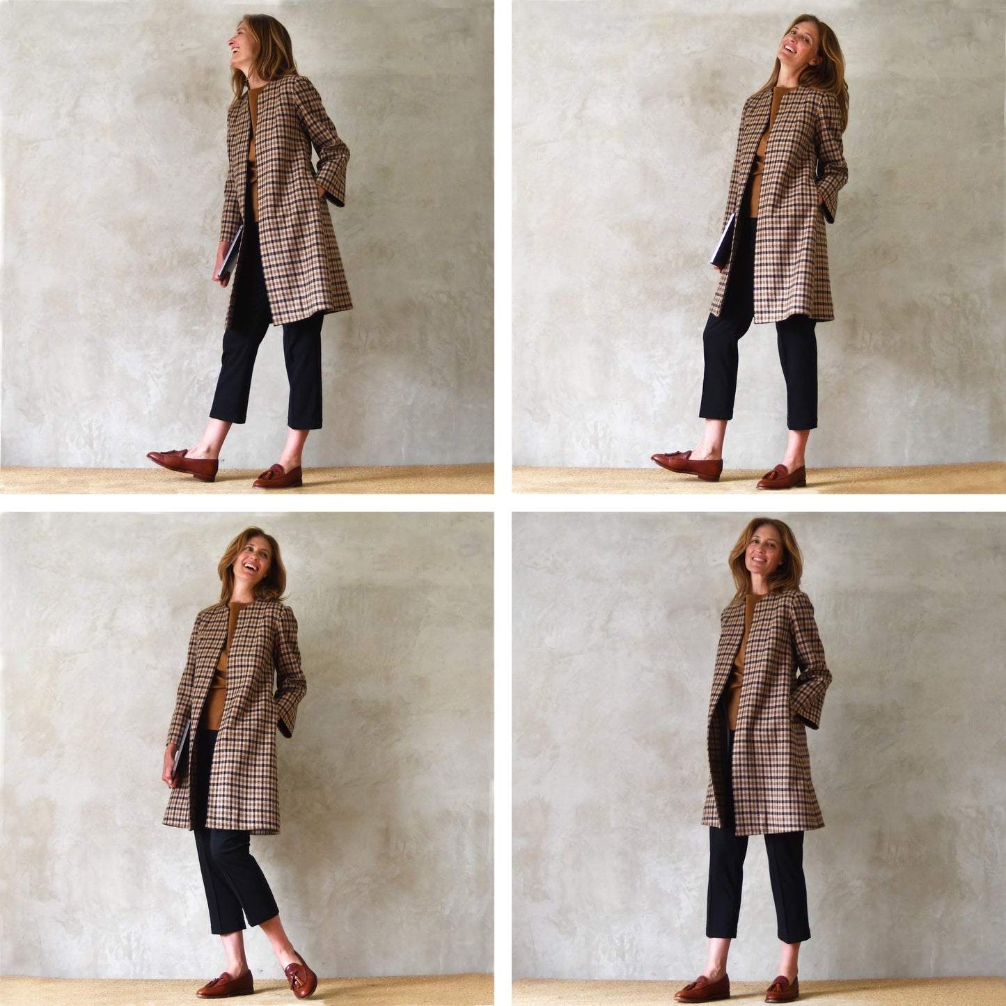 Trapeze Coat in Brown Merino Wool Check Flannel