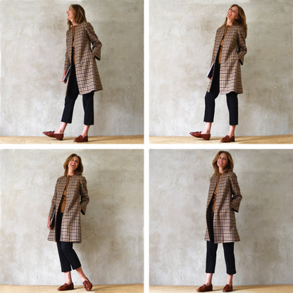 Trapeze Coat in Brown Merino Wool Check Flannel