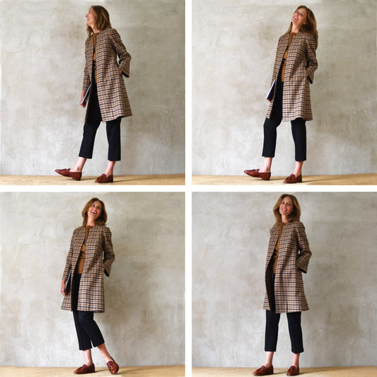 10 – Trapeze Coat in Brown Merino Wool Check Flannel