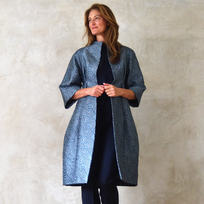The Frink Coat in a Teal Swirl Silk Mix Brocade