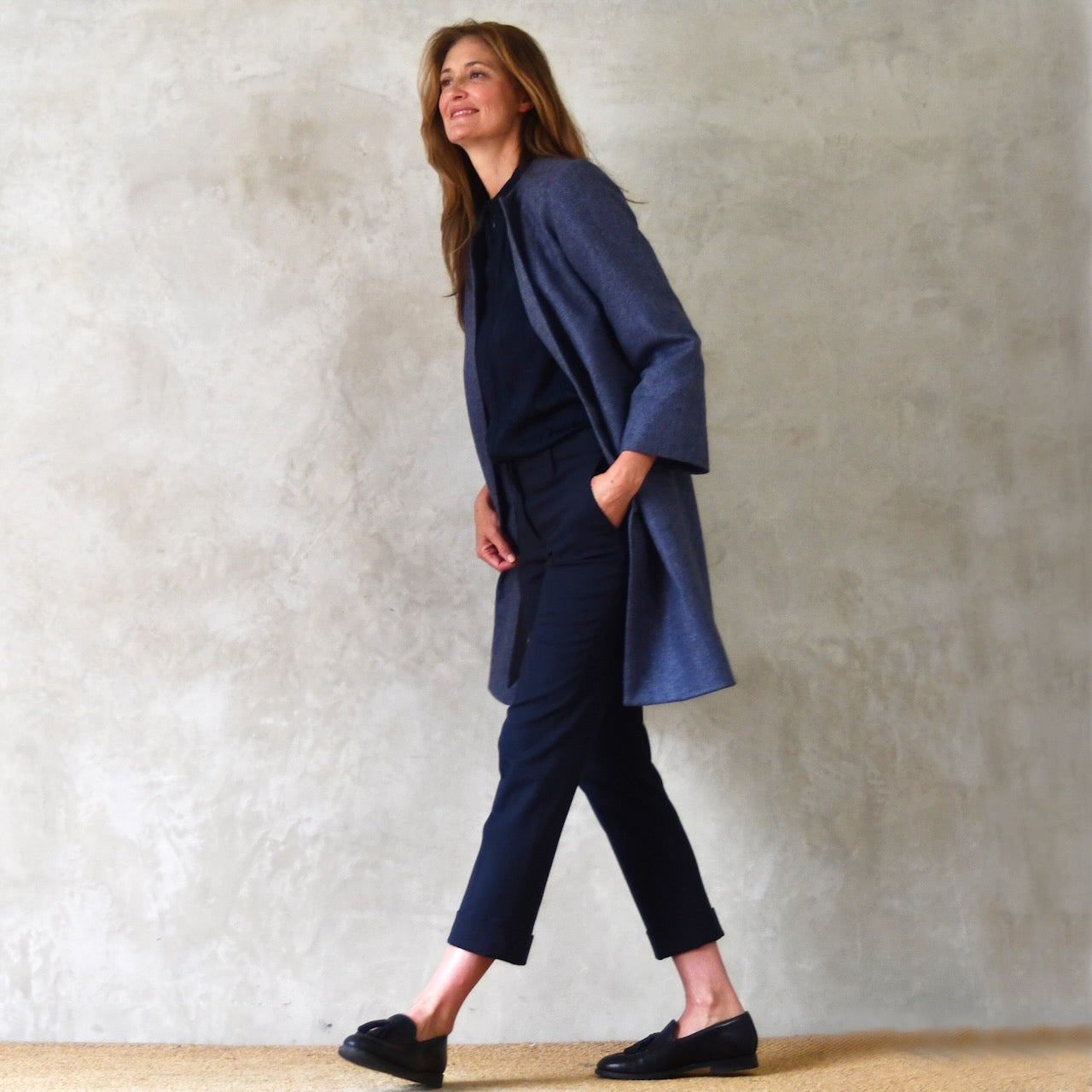 Swing Coat in Herringbone Lambswool Tweed. A Bespoke Yorkshire Tweed coat in a luxurious wool Fabric. Handmade in Britain.