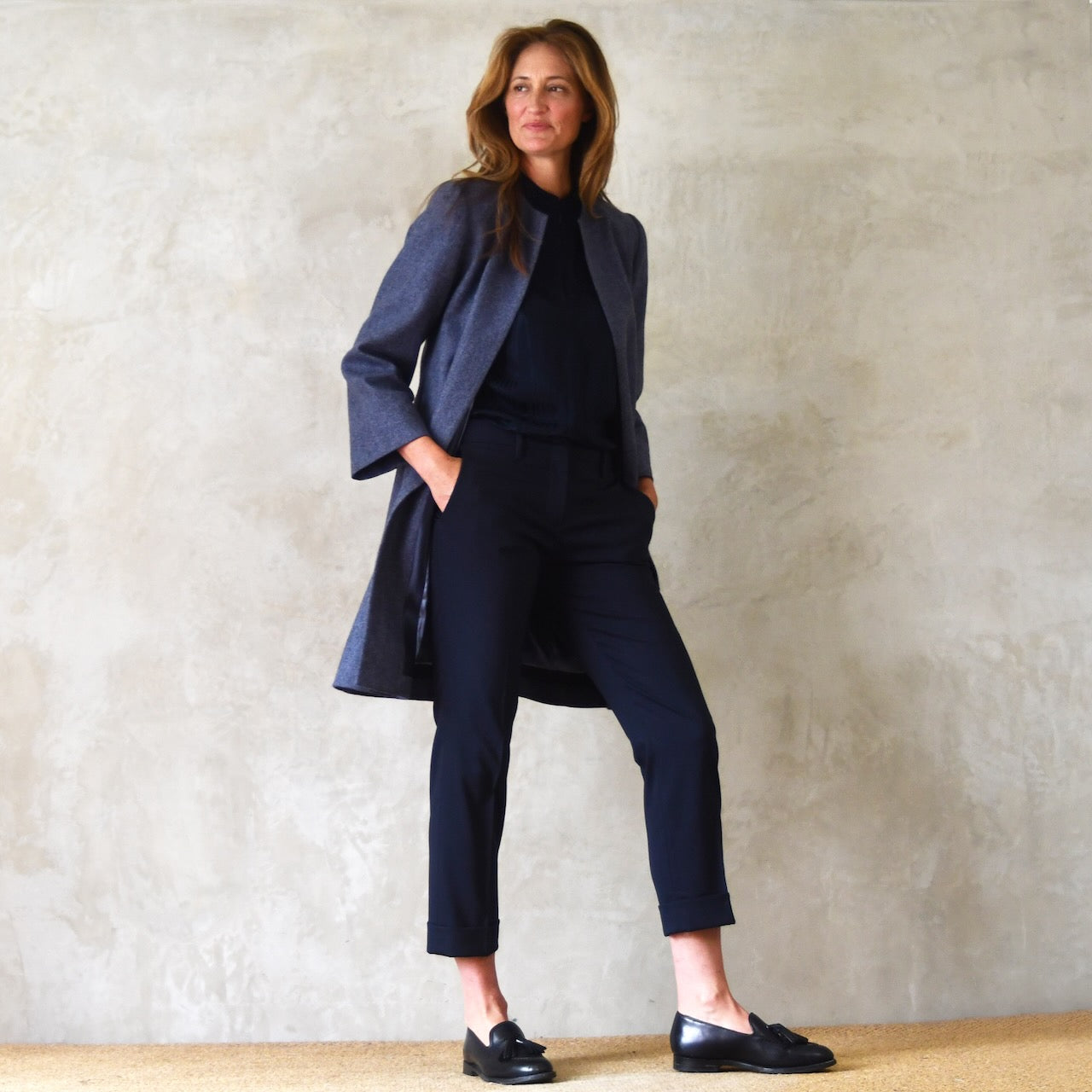 Swing Coat in Herringbone Lambswool Tweed. A Bespoke Yorkshire Tweed coat in a luxurious wool Fabric. Handmade in Britain.